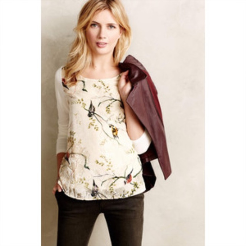 Anthropologie Cream Floral bird oak song top